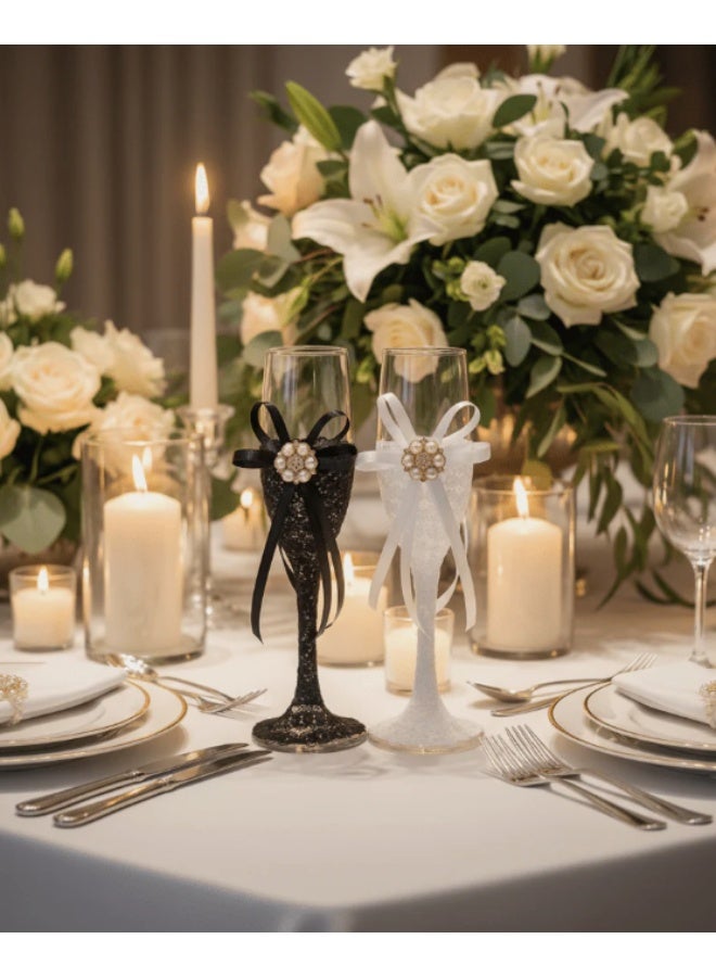 AKDC Wedding Bride & Groom Champagne Flute Glass Set of 2 – Black & White Design - Image 2